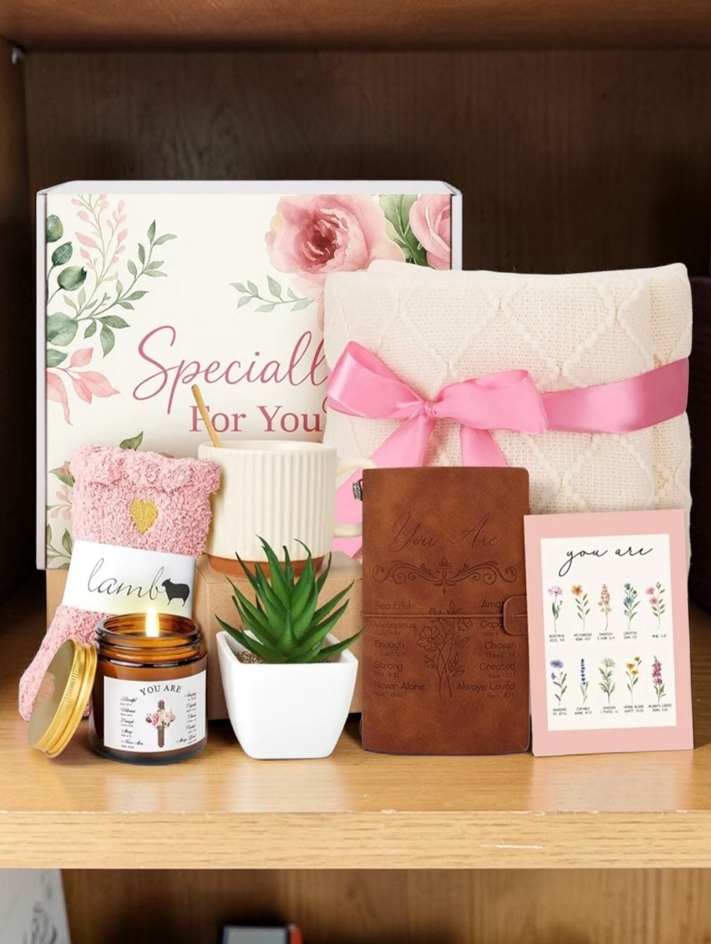 Faith Bundle: Knit Blanket Candle Socks Mug & Spoon Journal Plant Keychain